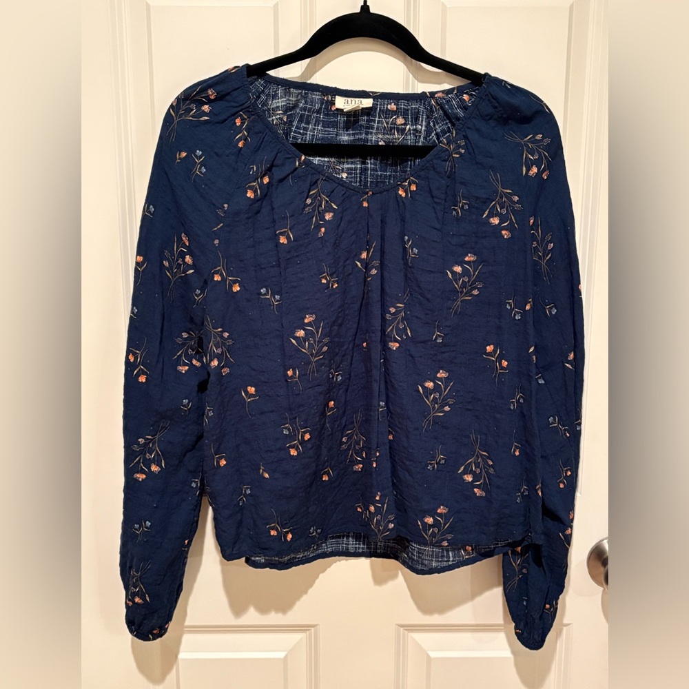 a.n.a Navy Floral Long Sleeve Peasant Top